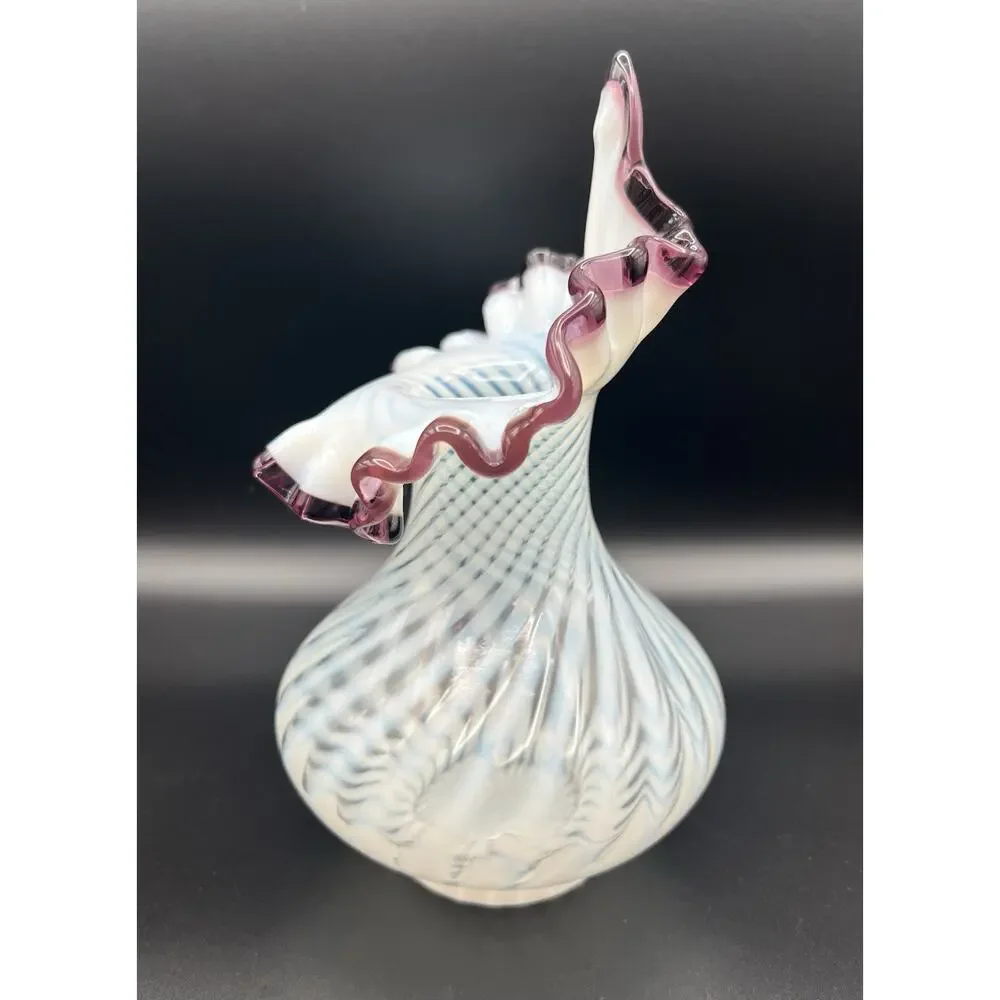 Fenton White Spiral Optic Opalescent Amethyst Crest Jack In The Pulpit Vase 9”